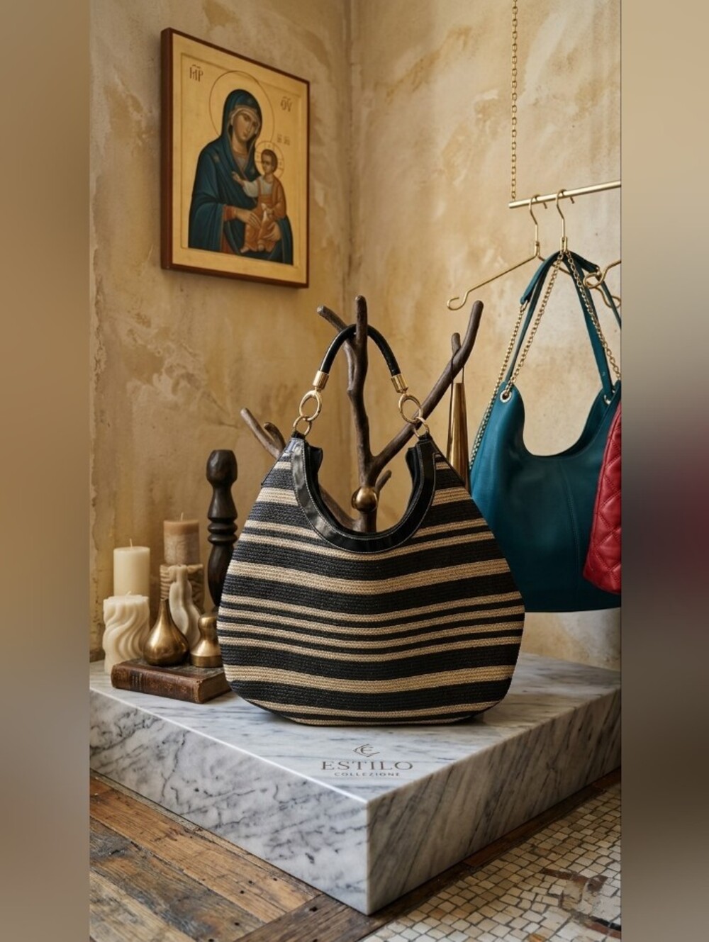 Vintage Black & Tan Striped Hobo Bag